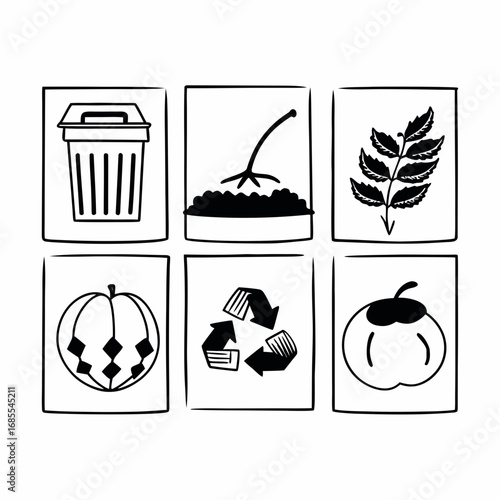 Hand drawn icons of organic waste management, composting and recycling