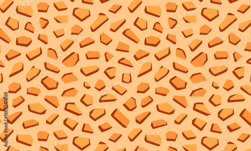 Seamless Pattern with Orange Stones and Gold Nuggets, Abstract Monochromatic Vector Background with 3D Chips