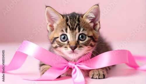 A kitten wearing a pink ribbon