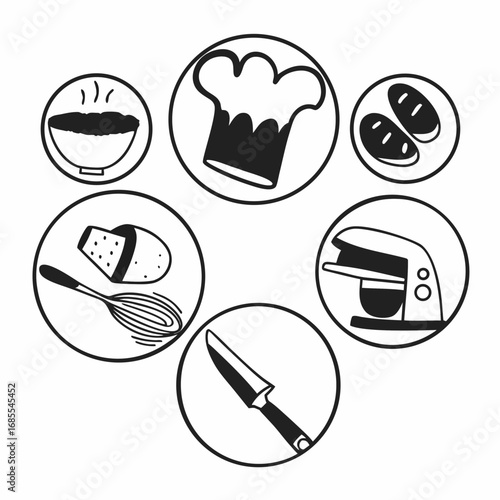 Illustration of cooking and baking equipment such as chef hat, bowl, bread, mixer