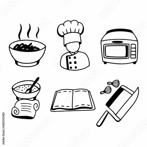 Handdrawn illustration of cooking elements, including chef, book, and knife