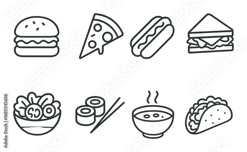 Variety of iconic fast food dishes in monochrome design