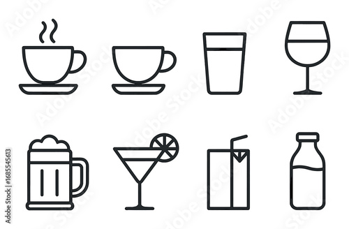 Outline icons of hot and cold beverages: coffee, tea, juice, wine, beer, milk, and cocktails