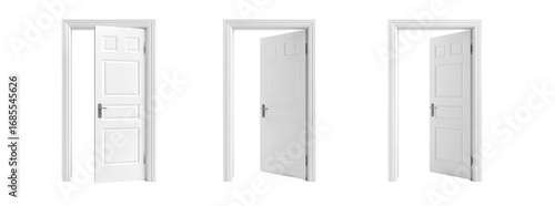 Three white doors, one open, one closed, one ajar