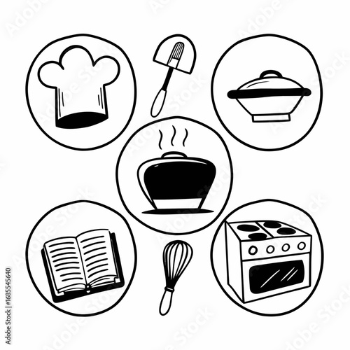 Hand drawn cooking icons in circles for culinary design concept