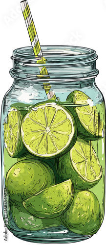 A glass mason jar filled with vibrant lime slices, topped with a striped straw