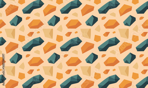 Seamless Pattern of Geometric Rocks and Minerals, Abstract Earthy Stone Texture on a Beige Background