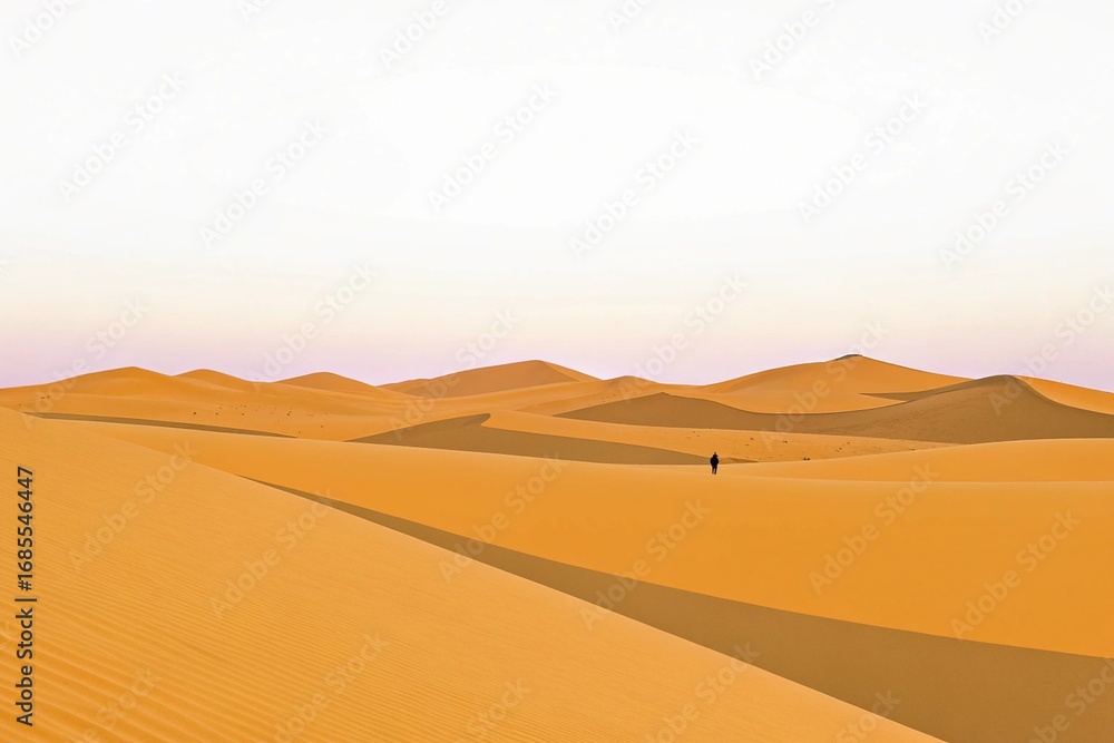 Fototapeta premium Vast Desert Dunes Under a Fading Sky with a Lone Figure Walking in the Distance