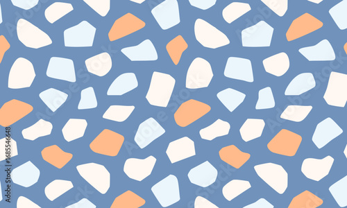 Modern terrazzo seamless pattern, Abstract background with chaotic mosaic fragments in blue, orange, and white, Vector stone texture for floor, tile, and wallpaper design