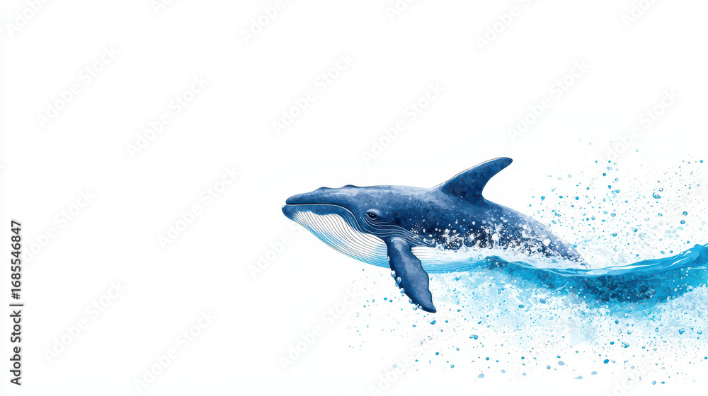 Fototapeta premium Majestic blue whale swimming gracefully through ocean, surrounded by splashes of water, evokes sense of tranquility and wonder