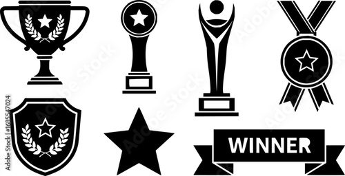 Set of winning award and prize icons, trophy reward, victory trophy signs depicting an award, victory cup achievement, winner medal - stock vector