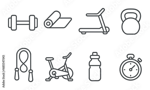 Monochrome fitness icons: dumbbell, mat, treadmill, kettlebell, jump rope, bike, water bottle, stopwatch