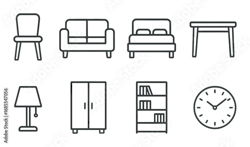 Minimalist furniture icons set with chair, sofa, bed, table, lamp, wardrobe, bookshelf, clock
