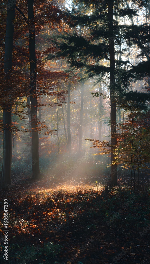Obraz premium Autumn forest clearing under low fog with sun rays breaking through colorful leaves
