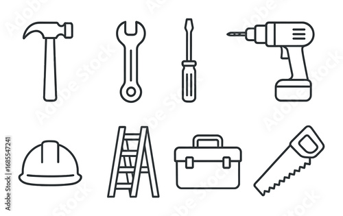 Tool set icons: hammer, wrench, screwdriver, drill, hard hat, ladder, toolbox, saw