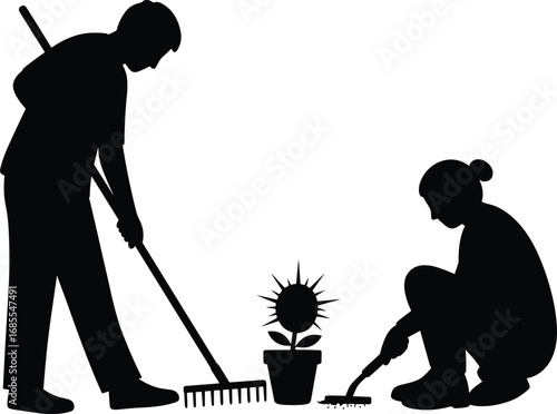 Silhouette of man and woman gardening together with tools, planting and raking around potted flower in outdoor garden scene.