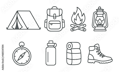 Camping essentials icons: tent, backpack, fire, lantern, compass, water bottle, sleeping bag, boot