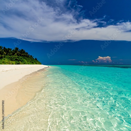 Fototapeta Naklejka Na Ścianę i Meble -  Pristine white sand beach meets turquoise water under a vibrant sky
