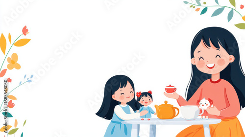 Cheerful illustration of woman and girl enjoying tea party with dolls, surrounded by colorful flowers and leaves