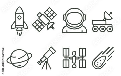 Space exploration icons featuring rocket astronaut satellite telescope planet and rover