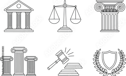 Justice and Law Outline Icons Courthouse, Scales, Gavel, Columns, Shield. Legal, Government, Court Symbols in Black and White Vector Line Art