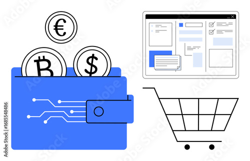 Digital wallet holding cryptocurrency coins, online shopping cart, and webpage interface. Ideal for e-commerce, finance, cryptocurrency, online payment, fintech shopping web use. Simple flat