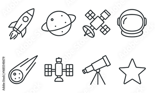 Outline icons of rocket, planet, satellite, astronaut helmet, comet, telescope, and star