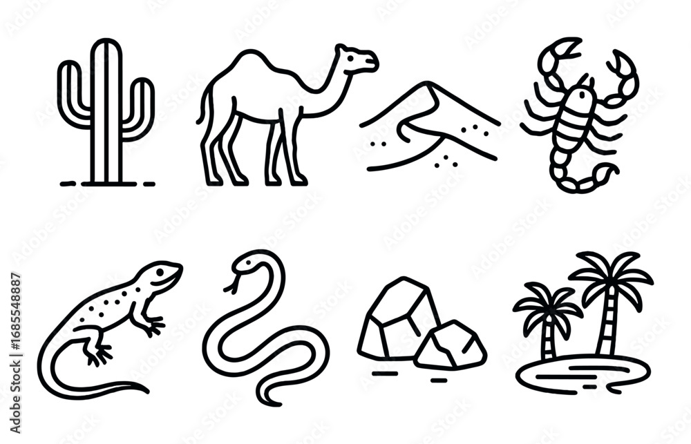 Naklejka premium Desert wildlife and scenery icons featuring camel, cactus, scorpion, and more