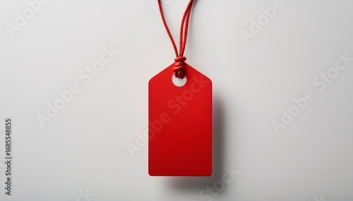 a vibrant red tag hanging against a minimalist white background perfect for product labeling or promotional activities