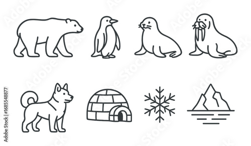 Outline art of arctic animals and symbols: bear, penguin, seal, walrus, dog, igloo, snowflake, mountains