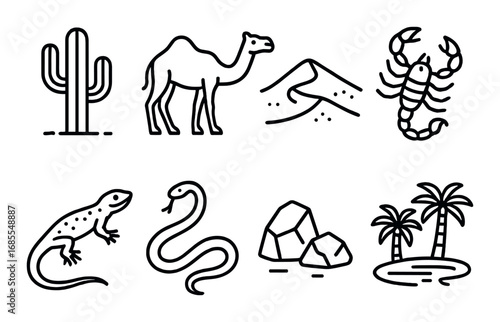 Desert wildlife and scenery icons featuring camel, cactus, scorpion, and more