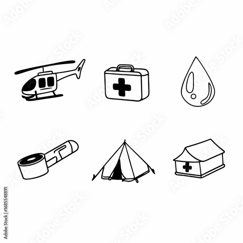Medical and emergency aid icons featuring helicopter, first aid kit