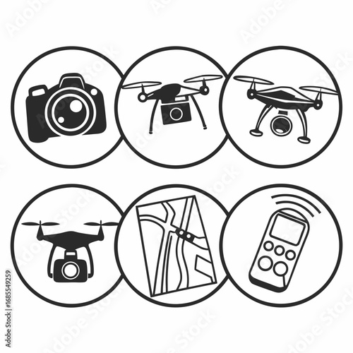 Camera and drone icons in a circle photography and videography