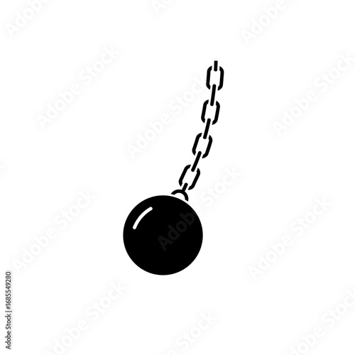 Black wrecking ball attached to a dotted chain. symbol of demolition and industrial force.