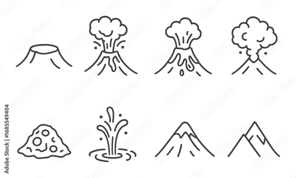Fototapeta premium Volcanic eruption stages and symbols in monochrome illustration