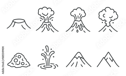 Volcanic eruption stages and symbols in monochrome illustration