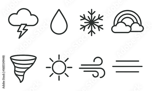 Weather symbols: lightning, rain, snowflake, rainbow, tornado, sun, wind, fog