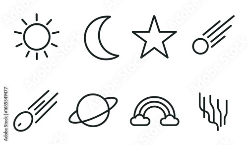Monochrome celestial icons: sun, moon, star, comet, planet, rainbow, aurora