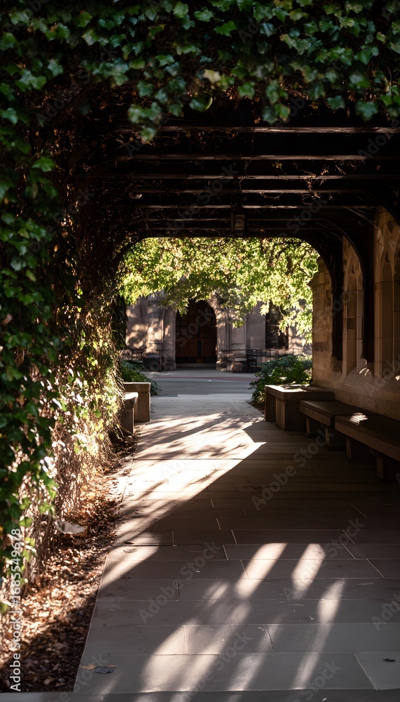Fototapeta premium Low-angle ivy cloister path in warm sunlight
