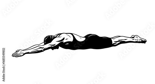 A detailed black and white illustration of a swimmer in the water, performing the crawl stroke.