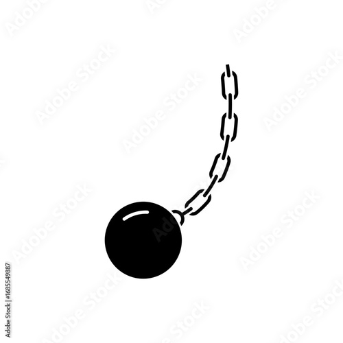 Black solid-style illustration of a wrecking ball with a chain. perfect for demolition concepts.