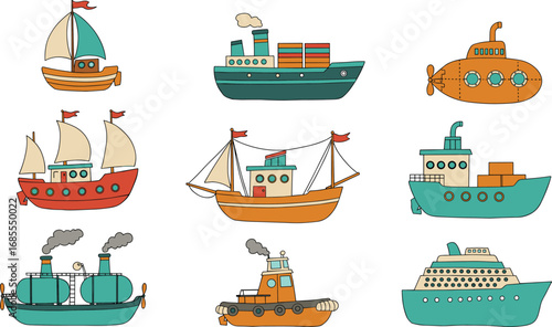 Colorful hand drawn cartoon ships collection, sailing boats, cargo vessels, submarines, cruise liners, tugboats and fishing boats vector illustration set