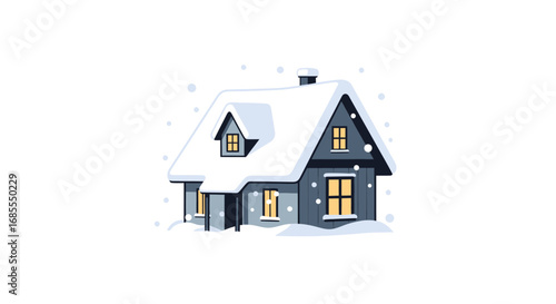 Cozy Winter House with Snow-Covered Roof and Lit Windows.