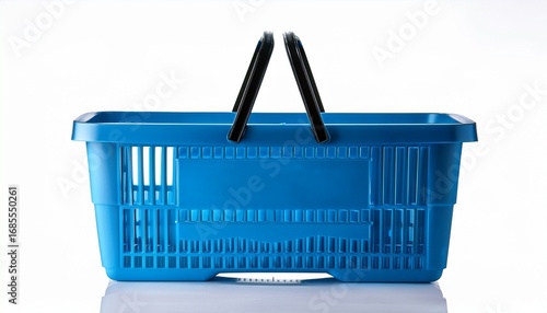 an blue plastic shopping basket with a black handle