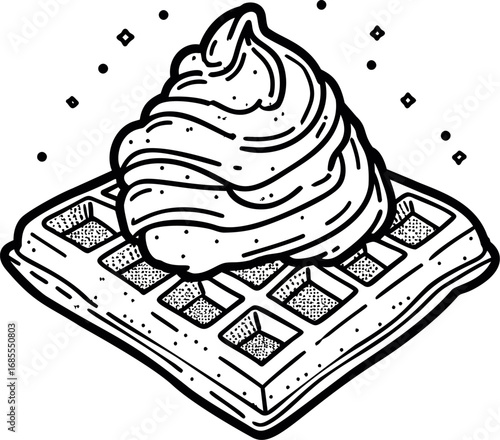 Illustration of a waffle with whipped cream and sprinkles in black and white sketch. Vector illustration