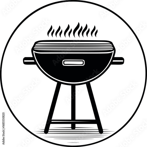 Minimalist black and white barbecue grill with circular frame. Vector illustration