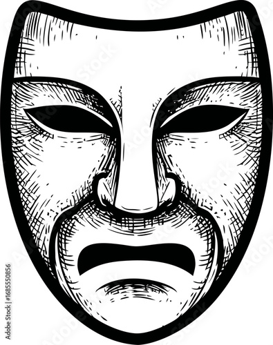 Tragic theater mask in black and white with detailed facial expression sketch. Vector illustration