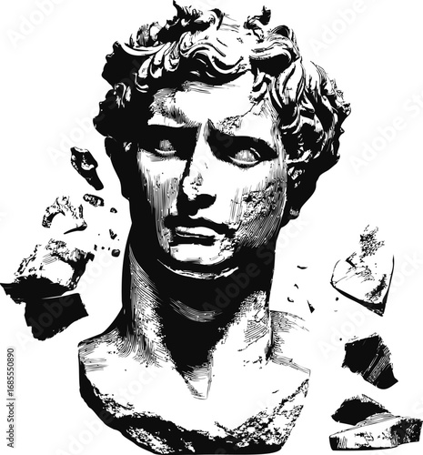 Broken classical marble statue head in black and white line art style. Vector illustration