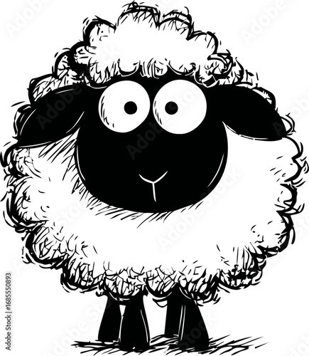 Cute black and white cartoon sheep with big eyes and fluffy wool, sketch style. Vector illustration