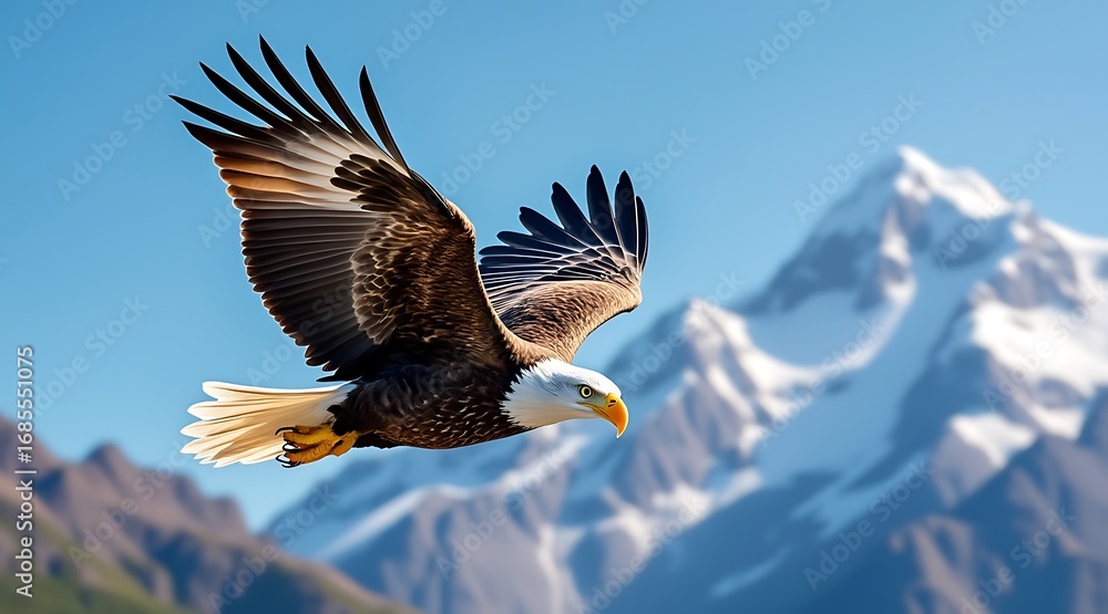 Fototapeta premium Majestic bald eagle soars gracefully over snowy mountain peaks wildlife photography
